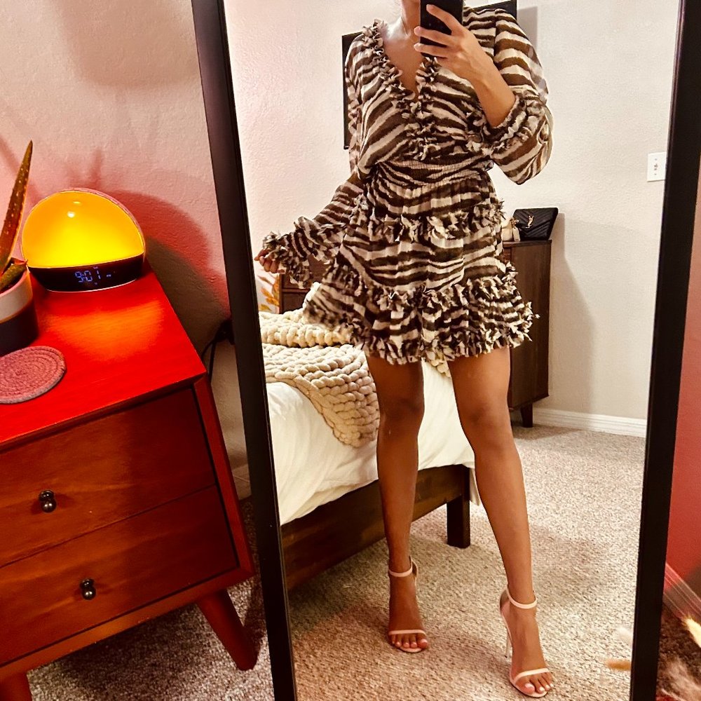 MISA Los Angeles x Revolve Leeva Silk Popover Dress Chocolate Zebra Size Medium